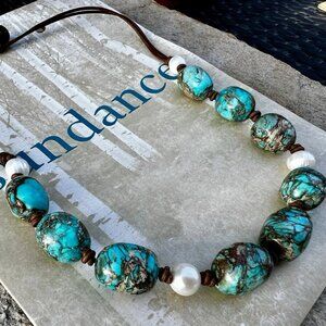 Sundance $188 NEW 19" Pearl Turquoise Brown Leather Beaded Handmade Necklace